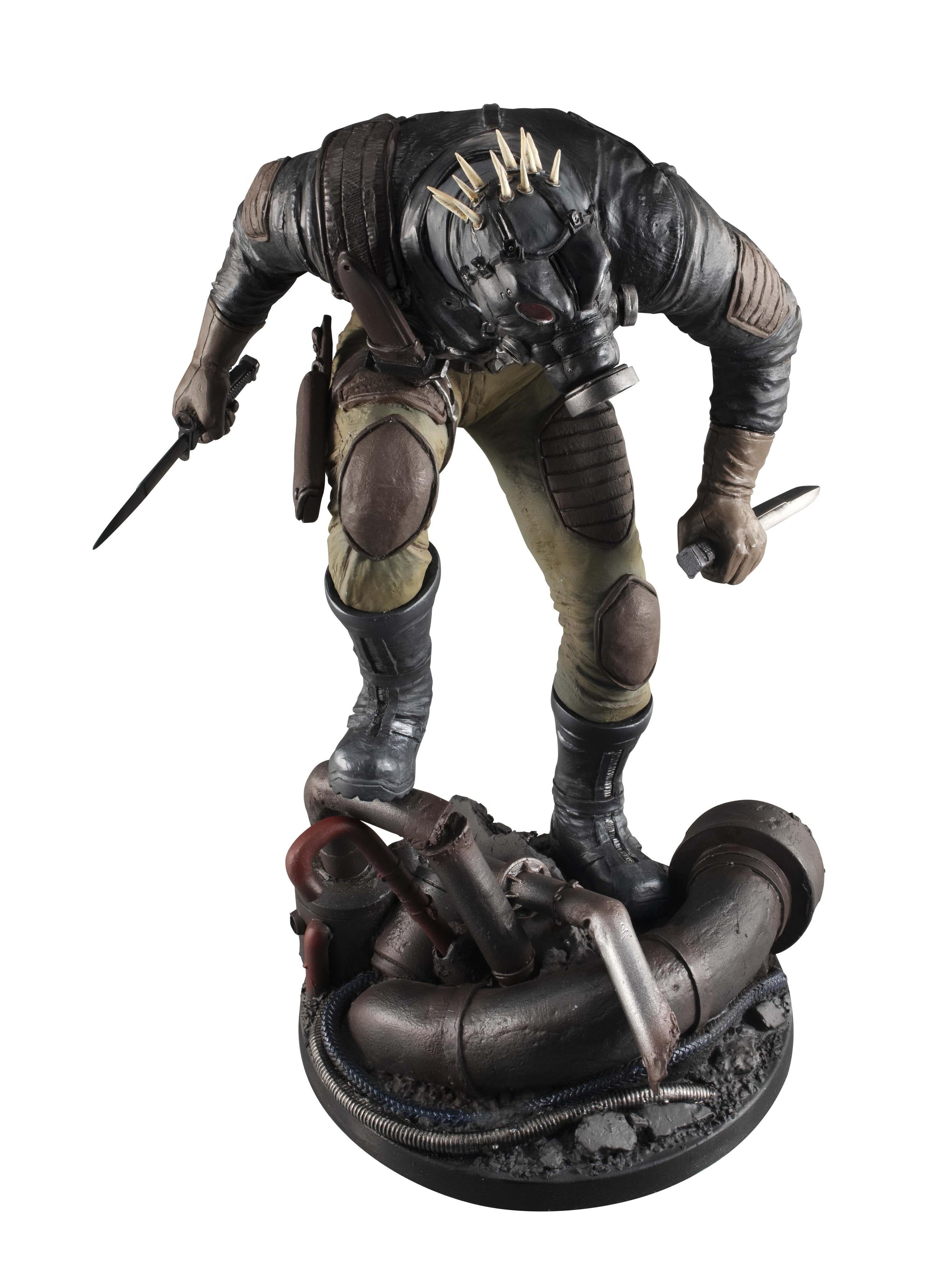 High-angle view of the Caiman figure with the spiked gas mask equipped, emphasizing his massive, imposing physique.
