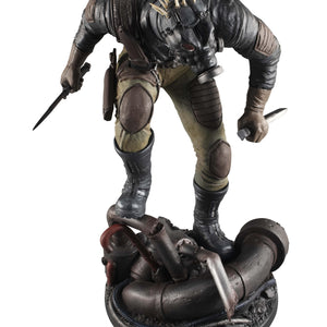 High-angle view of the Caiman figure with the spiked gas mask equipped, emphasizing his massive, imposing physique.