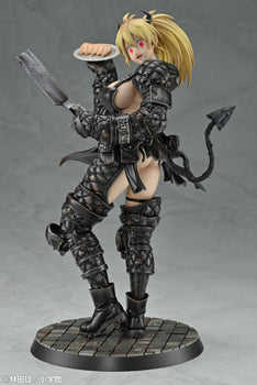 Three-quarter front view of the 1/7 scale Nikaido Devil Awakening figure from Dorohedoro, holding a cleaver and a plate of gyoza against a gray background.