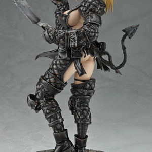 Three-quarter front view of the 1/7 scale Nikaido Devil Awakening figure from Dorohedoro, holding a cleaver and a plate of gyoza against a gray background.
