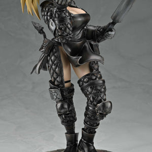 Right side view of the Nikaido collectible statue highlighting her combat boots, armor straps, and the skull motif on her knee guards.