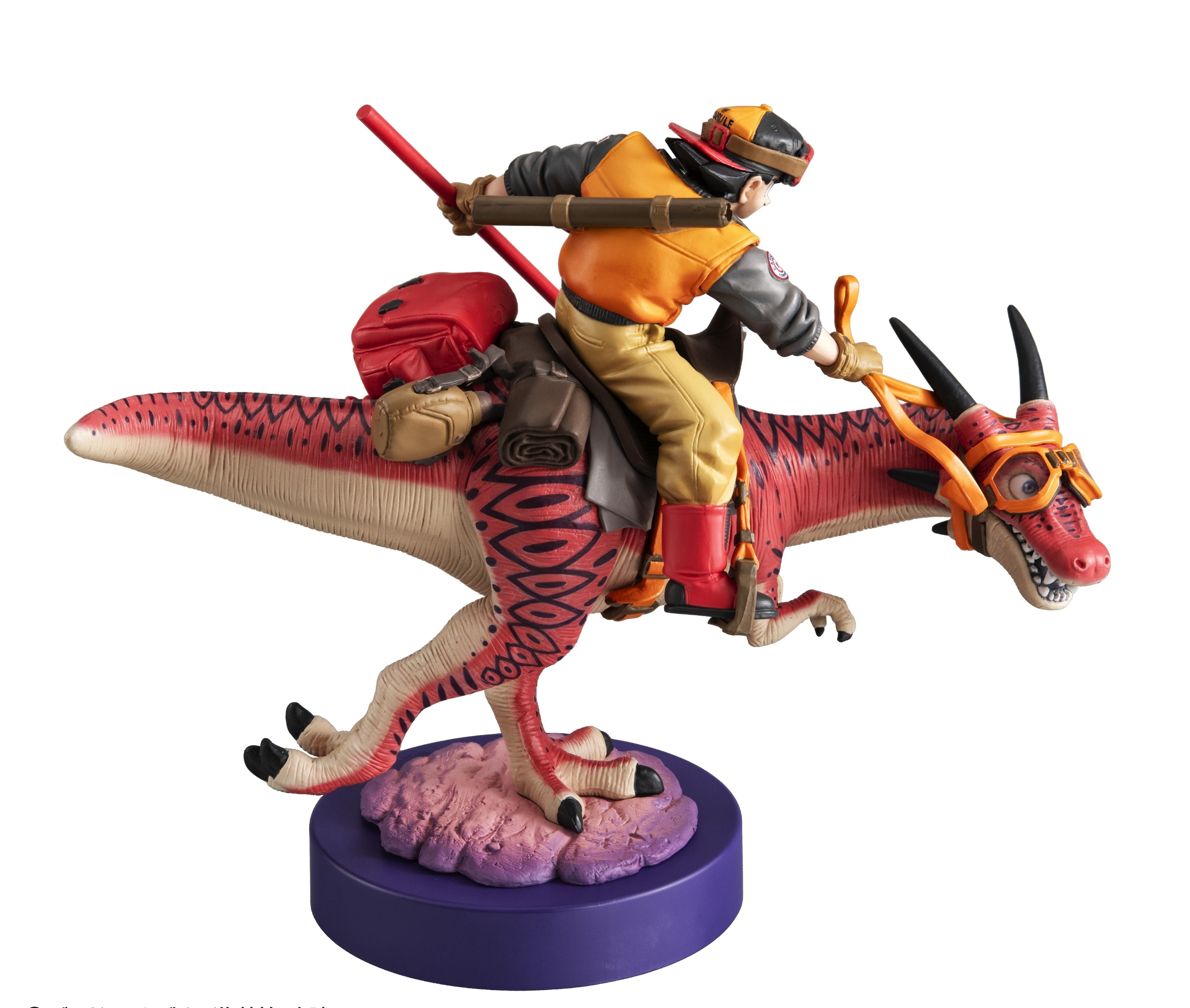 Left side profile of the Son Goku 01 figure showing the red dinosaur's running pose and travel gear.