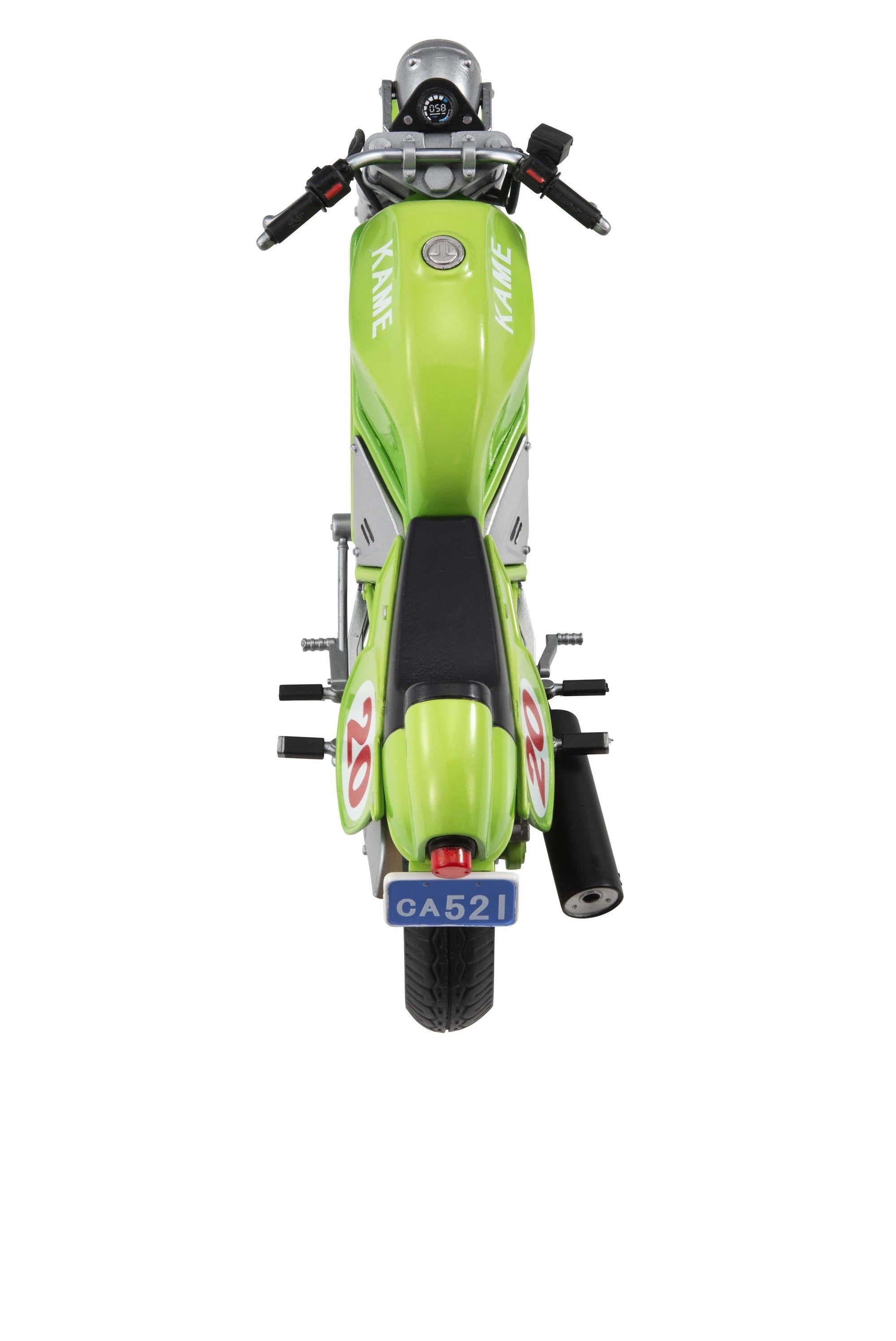 Top-down view of the highly detailed green and silver anime motorcycle accessory, highlighting the dashboard, handlebars, and exhaust pipe.