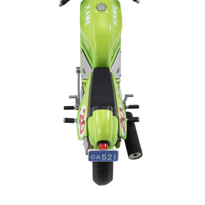 Top-down view of the highly detailed green and silver anime motorcycle accessory, highlighting the dashboard, handlebars, and exhaust pipe.