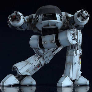 Low-angle studio shot of the assembled ED-209 figure highlighting its intimidating presence and movie-accurate proportions.