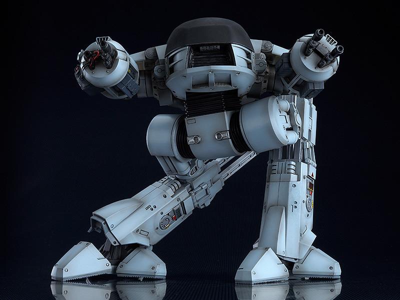 Low-angle studio shot of the assembled ED-209 figure highlighting its intimidating presence and movie-accurate proportions.
