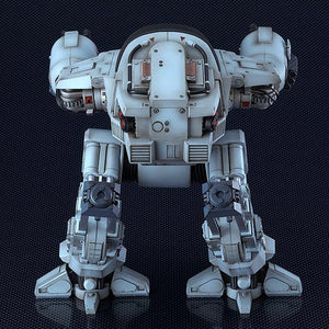 Rear view of the assembled ED-209 model kit highlighting the back venting and mechanical leg supports.