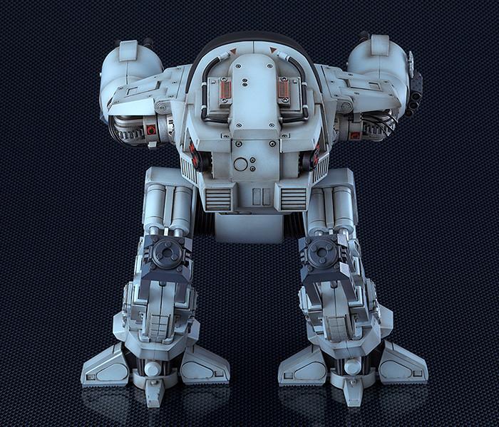 Rear view of the assembled ED-209 model kit highlighting the back venting and mechanical leg supports.