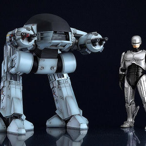 Scale comparison shot featuring the MODEROID ED-209 standing next to the MODEROID RoboCop action figure.