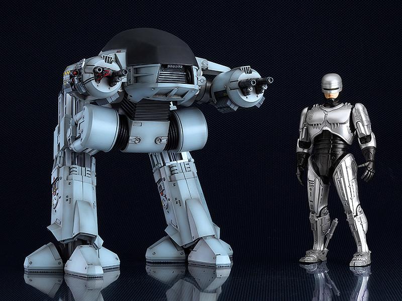 Scale comparison shot featuring the MODEROID ED-209 standing next to the MODEROID RoboCop action figure.