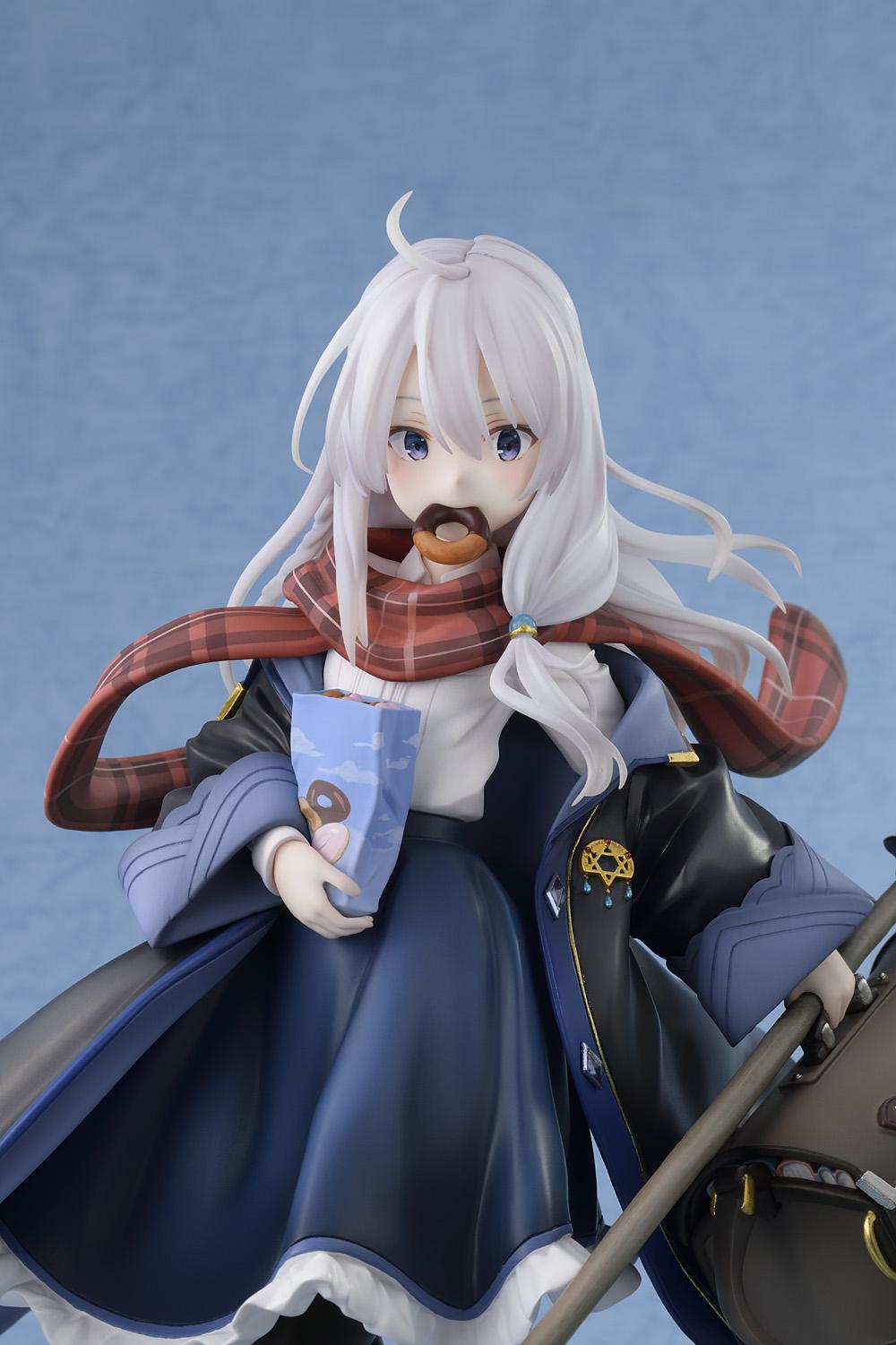 Close-up portrait of the Elaina 1/7 scale figure with her witch hat removed, displaying her detailed face sculpt, purple eyes, and silver hair.