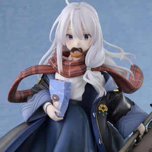 Close-up portrait of the Elaina 1/7 scale figure with her witch hat removed, displaying her detailed face sculpt, purple eyes, and silver hair.