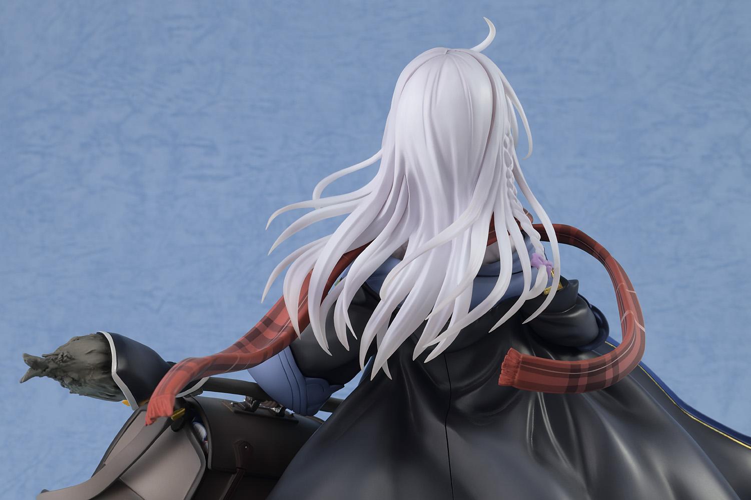 Macro rear view of the Elaina anime figure's long silver hair and checkered scarf with the pointed hat removed.