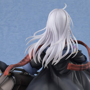 Macro rear view of the Elaina anime figure's long silver hair and checkered scarf with the pointed hat removed.