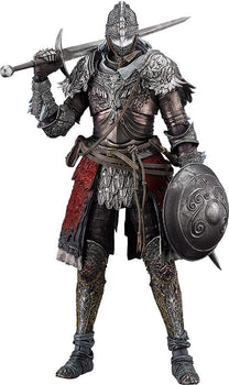 Isolated front full-body shot of the Max Factory figma Raging Wolf action figure on a white background, wearing detailed knight armor with a bastard sword on his shoulder and a roundshield.