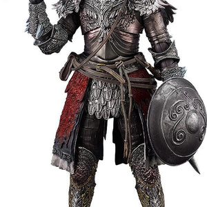 Isolated front full-body shot of the Max Factory figma Raging Wolf action figure on a white background, wearing detailed knight armor with a bastard sword on his shoulder and a roundshield.