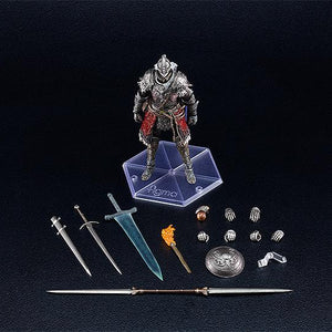 High-angle product showcase of the Raging Wolf figma figure on its stand, neatly surrounded by all interchangeable hands, swords, shield, torch, and flask accessories.