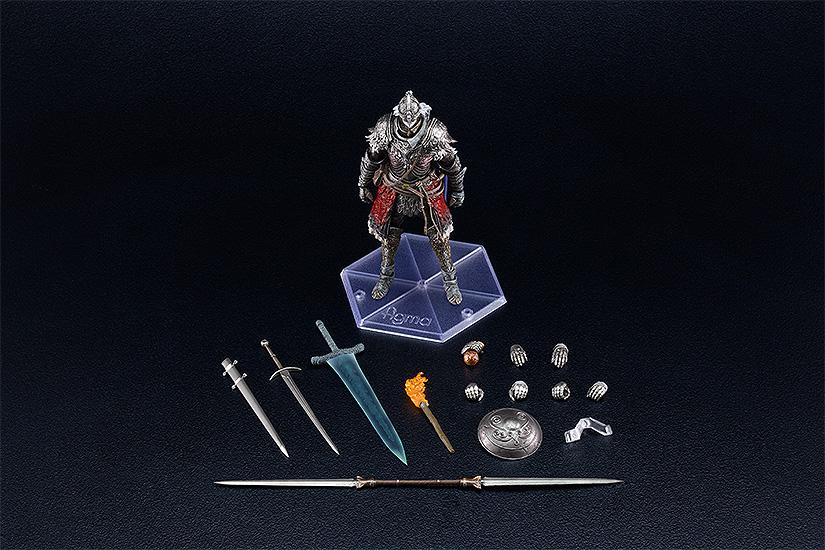 High-angle product showcase of the Raging Wolf figma figure on its stand, neatly surrounded by all interchangeable hands, swords, shield, torch, and flask accessories.