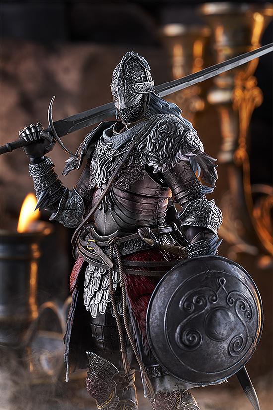 Atmospheric close-up portrait of the figma Raging Wolf figure clad in detailed iron armor, resting his bastard sword on his shoulder and holding his roundshield against a warm candlelit background.