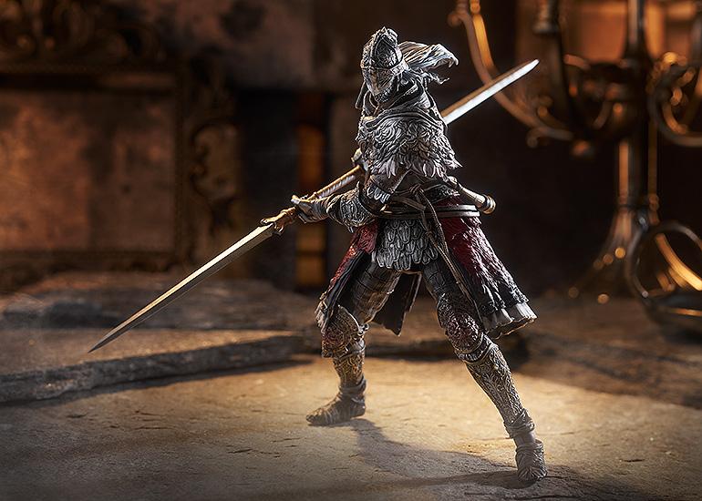 Wide-angle combat pose showing the highly articulated Raging Wolf figma figure dynamically wielding the long, double-ended Twinblade weapon across a stone floor.