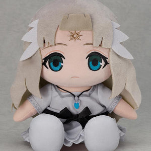 Close-up front view of the Ender Lilies Lily plushie with her bangs raised to reveal the embroidered golden star sigil on her forehead.