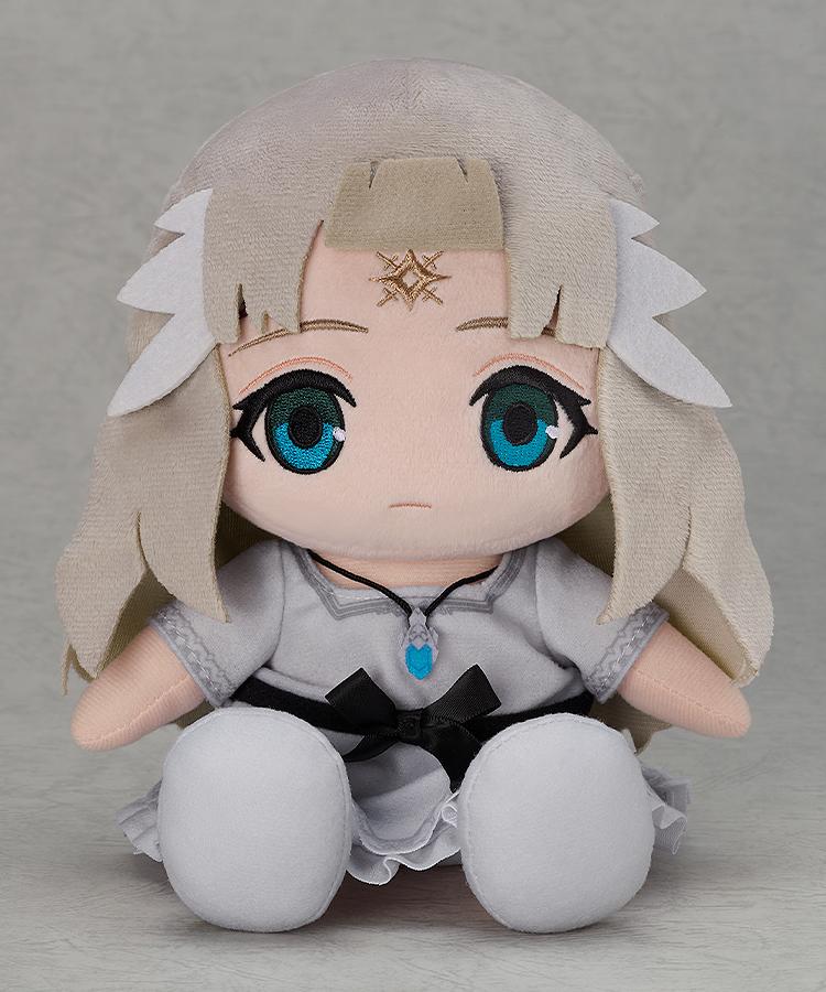 Close-up front view of the Ender Lilies Lily plushie with her bangs raised to reveal the embroidered golden star sigil on her forehead.