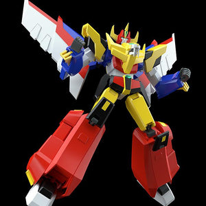 Dynamic flying action pose of the combined MODEROID Ganbaruger plastic model kit against a black background.