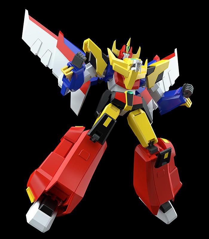 Dynamic flying action pose of the combined MODEROID Ganbaruger plastic model kit against a black background.