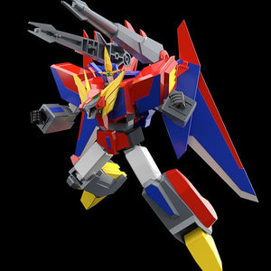 Mid-air action pose of MODEROID Gekiryuger with the dual-barrel Gekiryu Cannon weapon deployed over its shoulder.