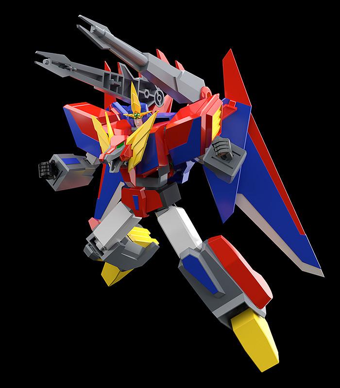 Mid-air action pose of MODEROID Gekiryuger with the dual-barrel Gekiryu Cannon weapon deployed over its shoulder.