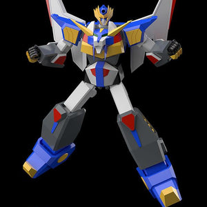 Dynamic mid-air action pose of the highly articulated MODEROID Revolger plastic model kit with extended limbs.