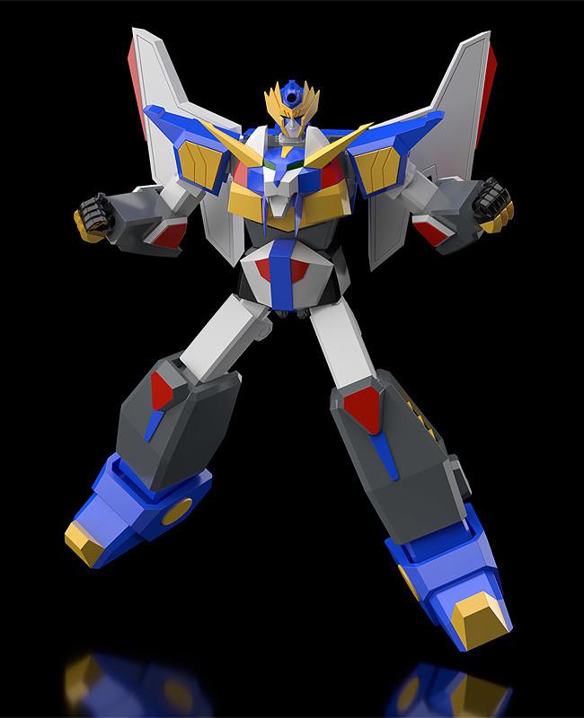 Dynamic mid-air action pose of the highly articulated MODEROID Revolger plastic model kit with extended limbs.