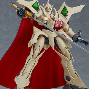 The Escaflowne Guymelef model kit in a dynamic combat stance, holding its sword with pre-painted head and chest emblem details visible.