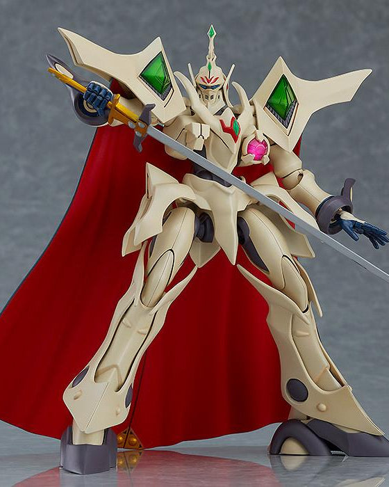 The Escaflowne Guymelef model kit in a dynamic combat stance, holding its sword with pre-painted head and chest emblem details visible.