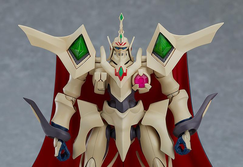 Close-up of the Escaflowne Guymelef torso and head, highlighting the translucent pink chest energist and green shoulder parts.
