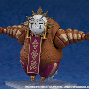 Three-quarter side view of the Esquie Nendoroid action figure posing with its thick, gold-banded arms fully outstretched to the sides on a clear support arm.