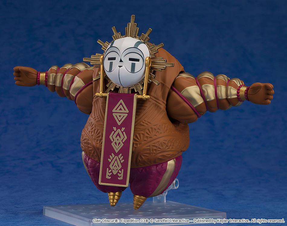 Three-quarter side view of the Esquie Nendoroid action figure posing with its thick, gold-banded arms fully outstretched to the sides on a clear support arm.