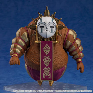 Front profile of the bulky Esquie Nendoroid figure mounted on a clear square display stand against a textured blue background.
