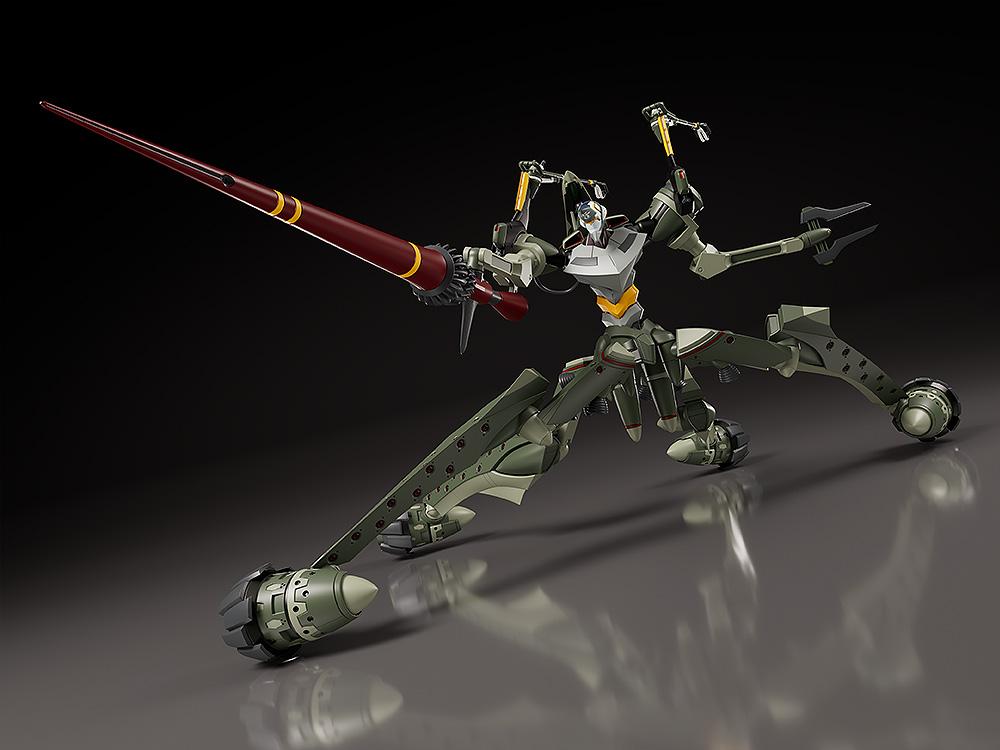 Dynamic low-angle action pose of the articulated Moderoid Evangelion Provisional Unit-05 model kit thrusting its Spear of Longinus lance.