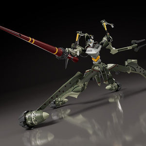 Dynamic low-angle action pose of the articulated Moderoid Evangelion Provisional Unit-05 model kit thrusting its Spear of Longinus lance.