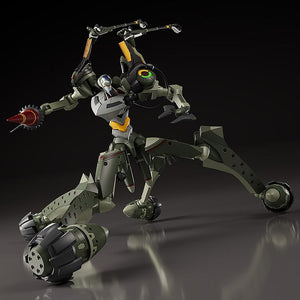 Action shot of the Moderoid Evangelion Provisional Unit-05 plastic model kit featuring the short drill attachment on its right arm.