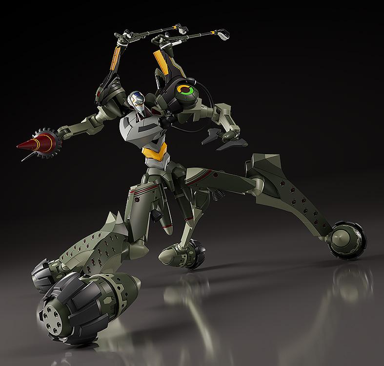 Action shot of the Moderoid Evangelion Provisional Unit-05 plastic model kit featuring the short drill attachment on its right arm.