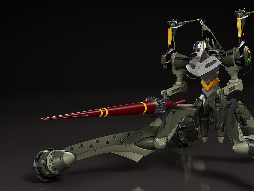 Medium close-up view of the Moderoid Evangelion Provisional Unit-05 torso and red Spear of Longinus weapon detail.