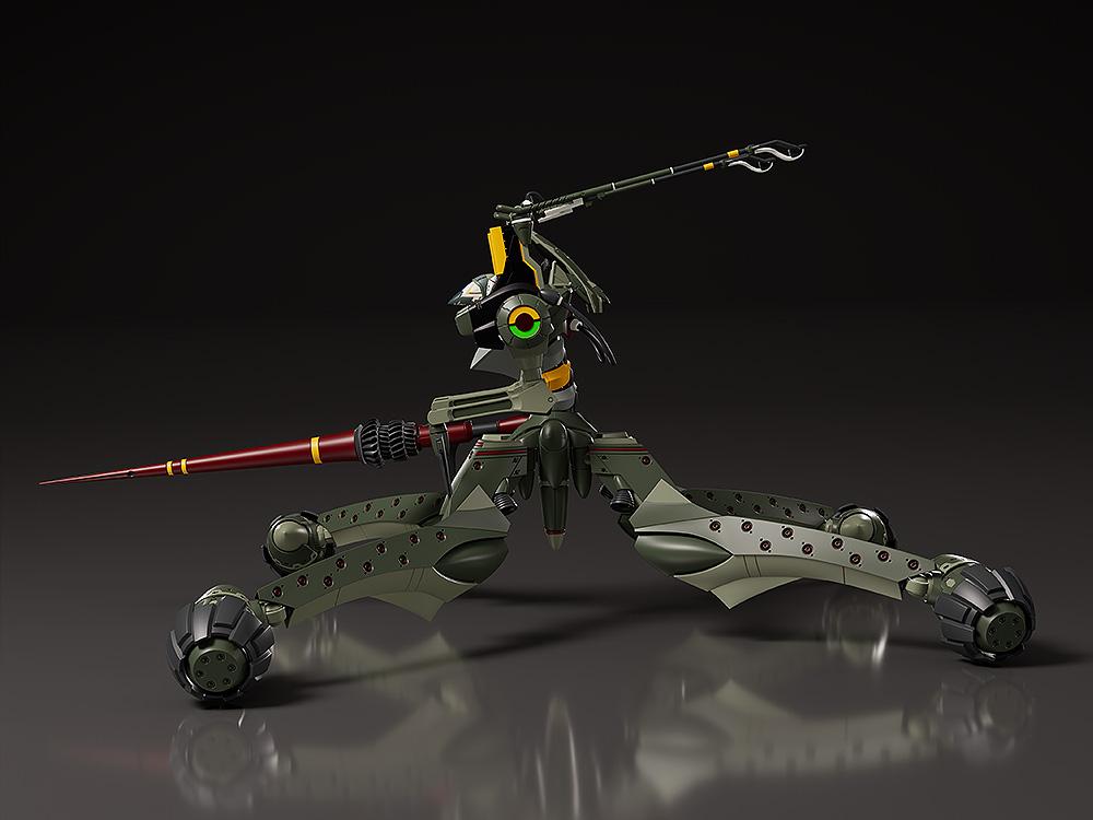 Side profile view of the Moderoid Evangelion Provisional Unit-05 model kit highlighting its four mechanical wheel-legs and long right-arm lance weapon.