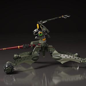 Side profile view of the Moderoid Evangelion Provisional Unit-05 model kit highlighting its four mechanical wheel-legs and long right-arm lance weapon.