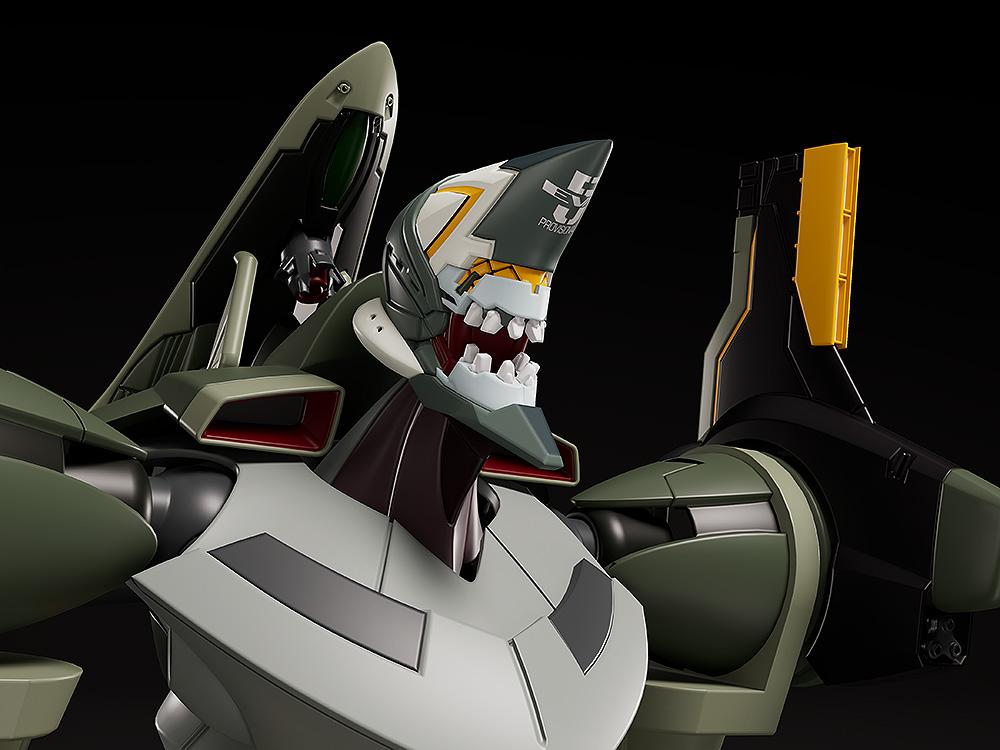 Extreme close-up of the Moderoid Evangelion Provisional Unit-05 model kit head using interchangeable parts to feature an open mouth displaying teeth.