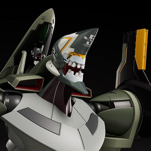 Extreme close-up of the Moderoid Evangelion Provisional Unit-05 model kit head using interchangeable parts to feature an open mouth displaying teeth.