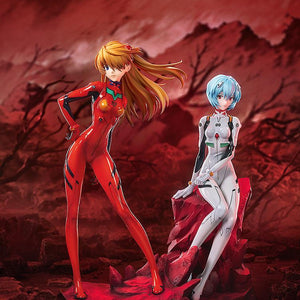 Wide landscape shot featuring both Rei Ayanami and Asuka Langley figures in a desolate, post-apocalyptic red environment.