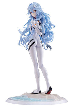 Front view of the 1/7 scale Rei Ayanami Voyage End figure from Evangelion Thrice Upon a Time, featuring long flowing blue hair and a white plugsuit.