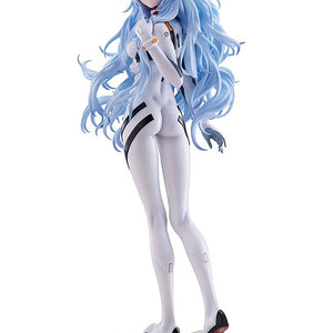 Front view of the 1/7 scale Rei Ayanami Voyage End figure from Evangelion Thrice Upon a Time, featuring long flowing blue hair and a white plugsuit.